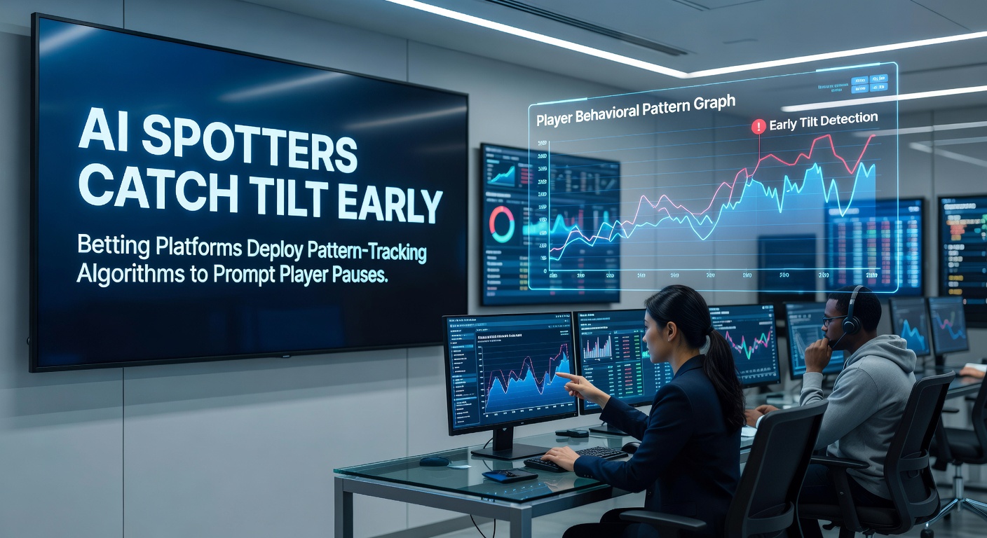 Digital dashboard showing AI monitoring betting patterns with tilt detection alerts flashing in real time