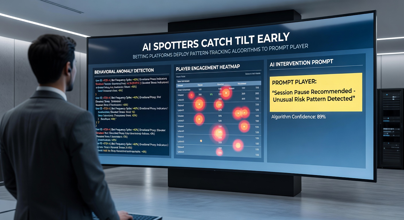 Close-up of a bettor's screen with AI-generated tilt alert overlay, showing pause button and session stats