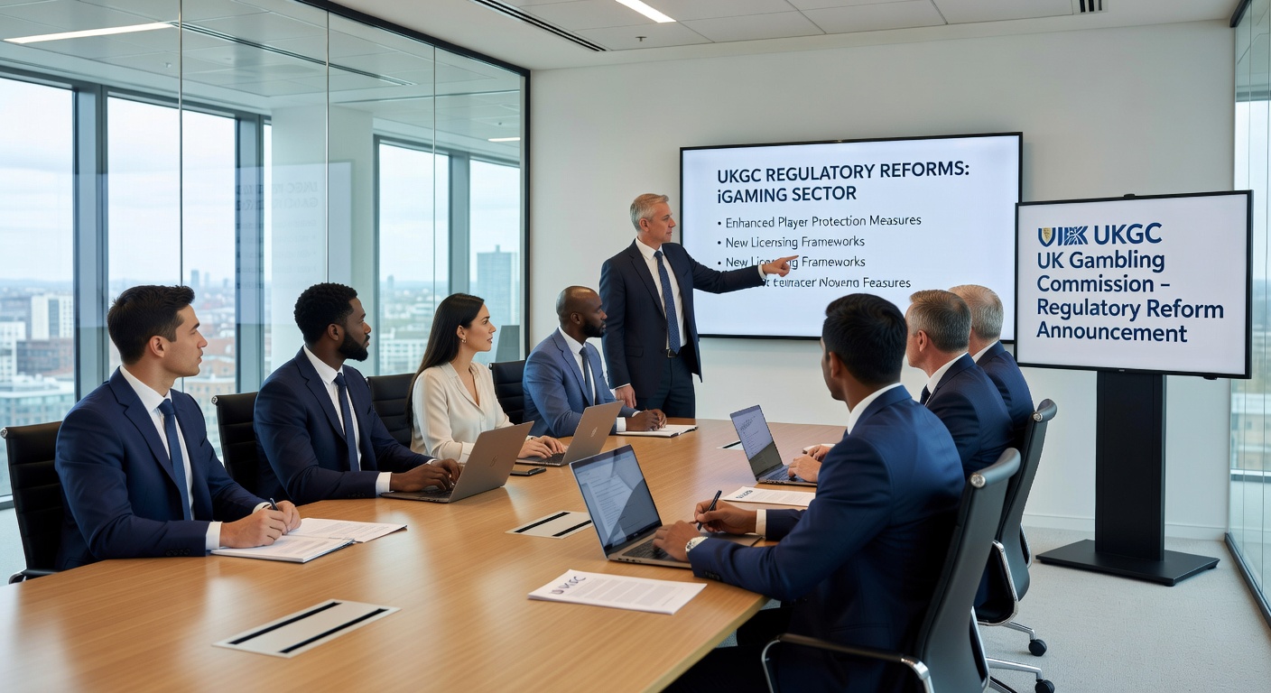 Infographic depicting online casino games and mobile betting interfaces, with icons for slots, tables, and rising revenue arrows against a backdrop of UK landmarks