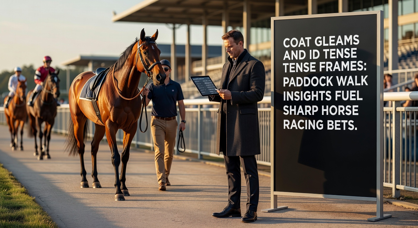 Close-up of a horse's tense muscular frame during paddock inspection, ears pinned back slightly amid the crowd