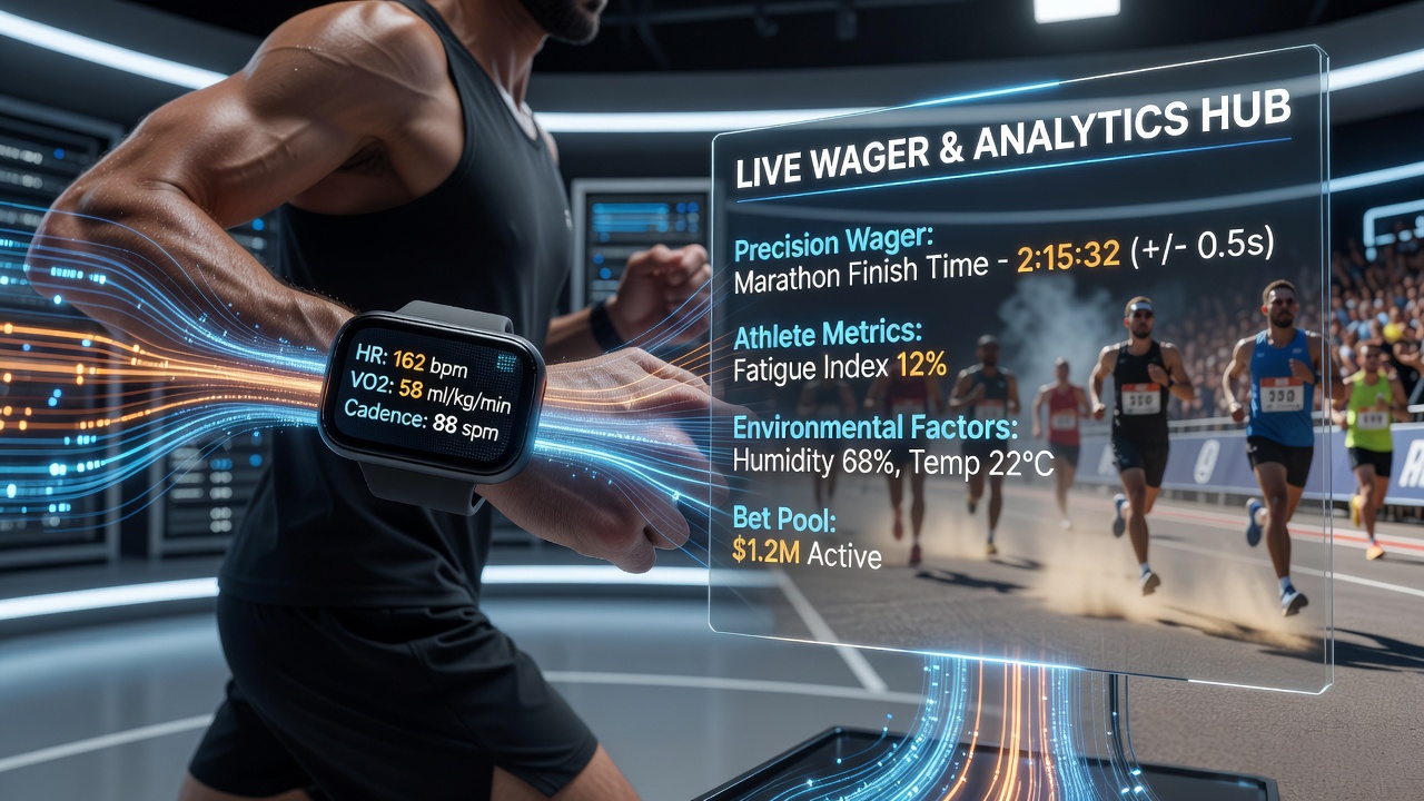 Cyclists in a professional road race with overlaid real-time power and heart-rate data feeding into mobile betting interfaces