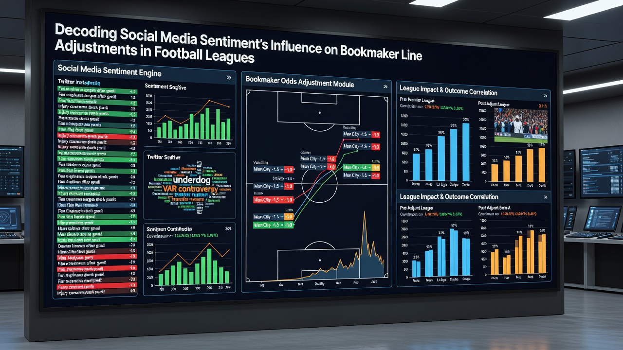 Data analysts reviewing social media sentiment charts overlaid on football match statistics for line adjustment decisions