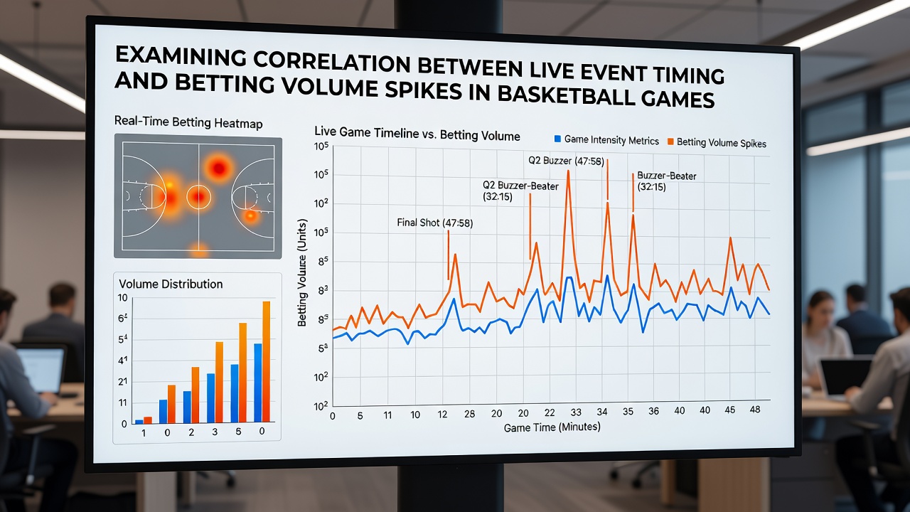 Graph illustrating betting volume spikes aligned with basketball game quarters and key events