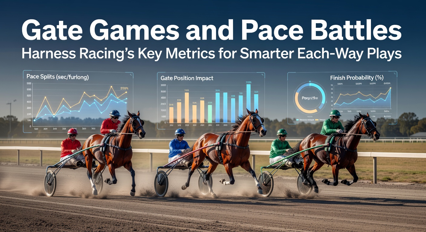 Harness racing horses bursting from the gate at a major track, illustrating the critical start in pace battles