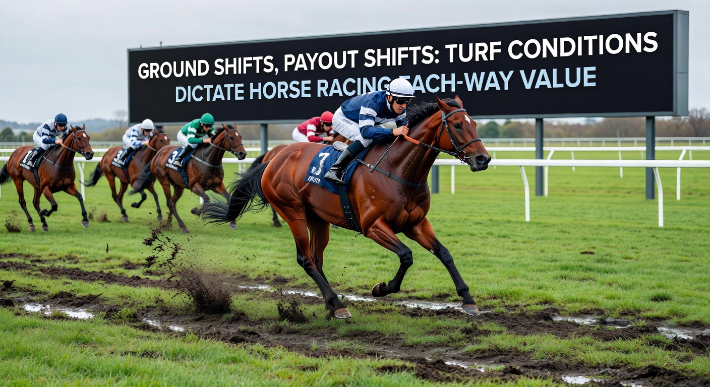 A horse racing on a soft turf track under rainy conditions, splashing through mud as jockeys urge them forward