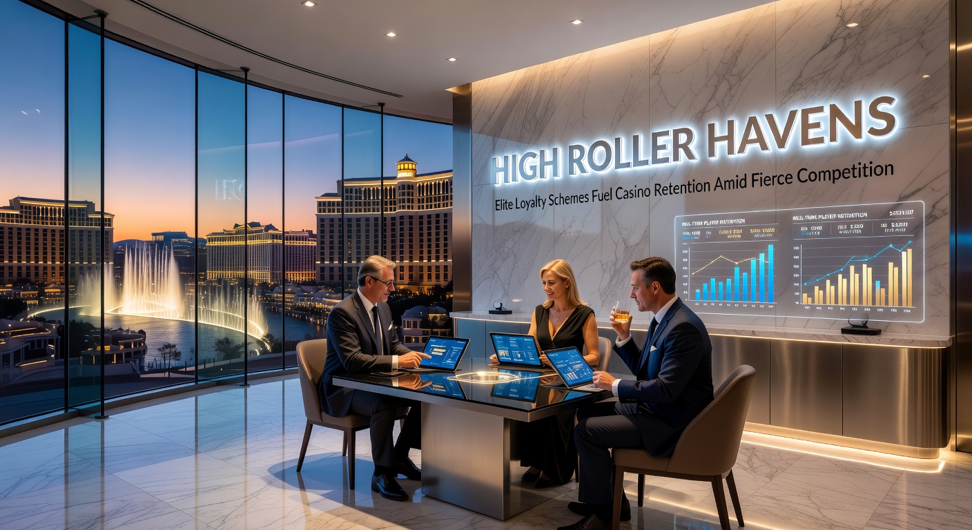 A lavish casino VIP lounge with high rollers enjoying private gaming tables and champagne service, highlighting elite loyalty perks