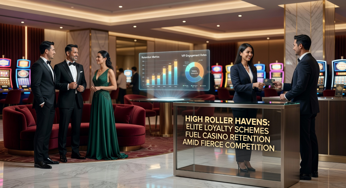 High-stakes poker table in a dimly lit VIP room, surrounded by attentive staff and luxury amenities, capturing the essence of elite casino loyalty