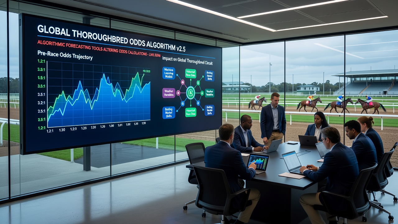 Thoroughbred horses approaching the starting gate with overlaid data visualization graphics representing algorithmic odds adjustments