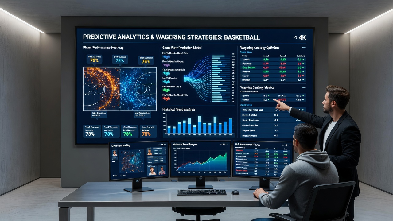 Basketball court visualization with overlaid predictive betting probabilities and player performance metrics