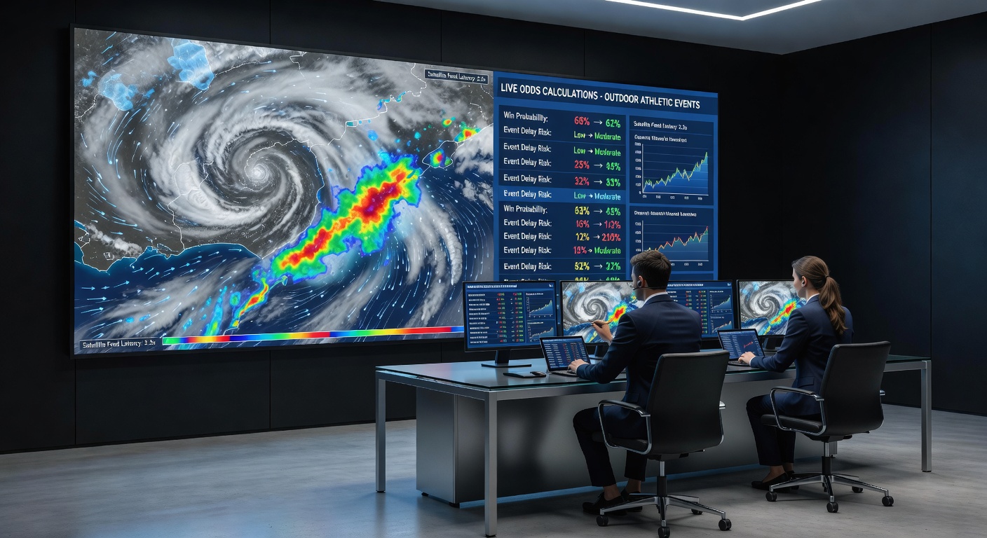 Live odds dashboard displaying dynamic adjustments linked to incoming satellite weather alerts during an outdoor soccer match