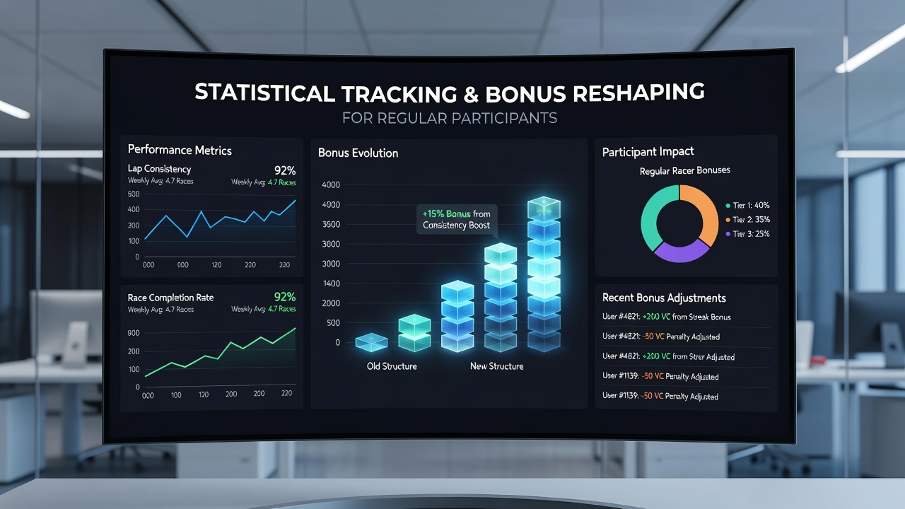 Virtual racing interface showing real-time stats overlay and bonus progress indicators
