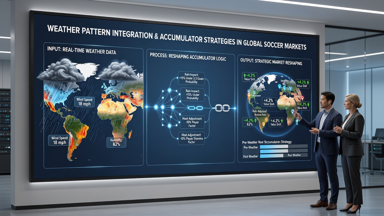 Data analysts reviewing weather-integrated accumulator models on multiple screens