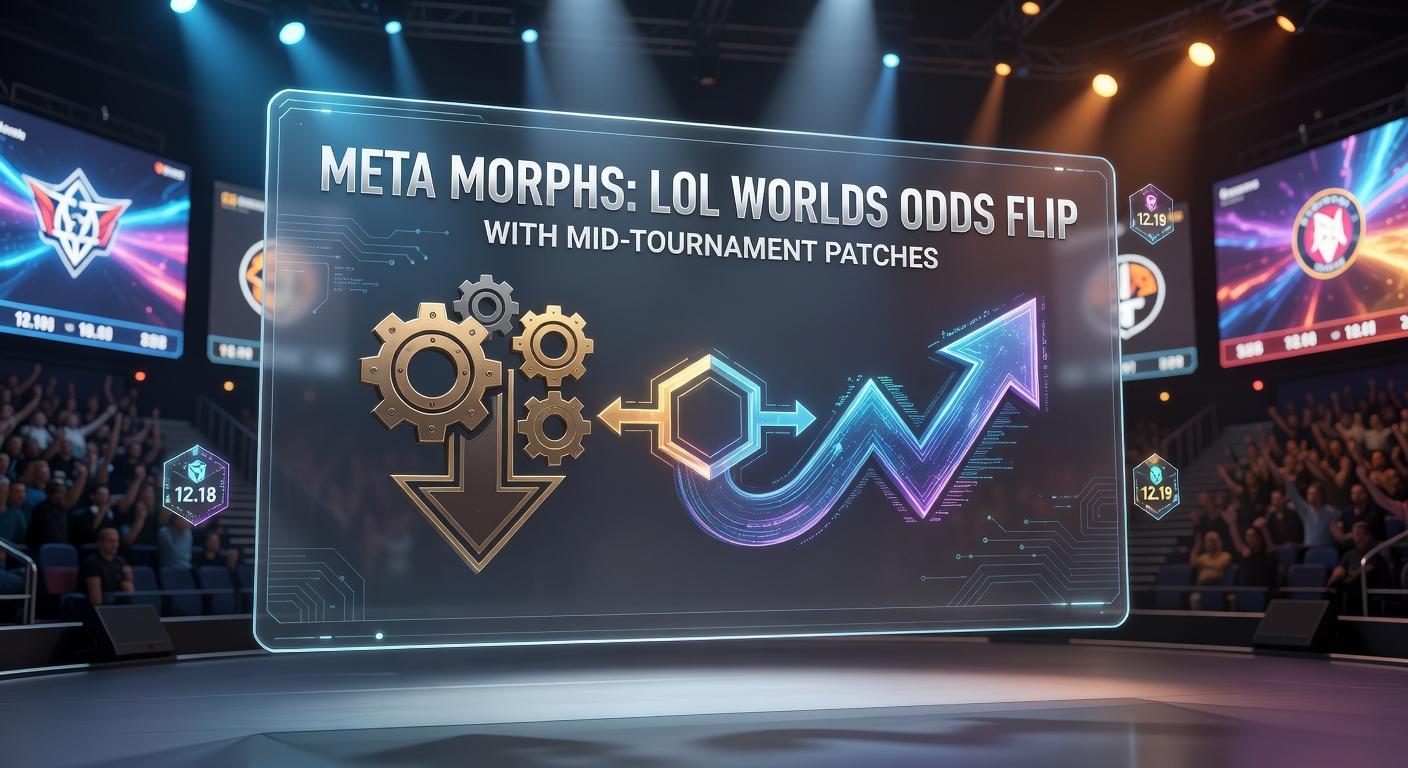 League of Legends Worlds stage with patch notes overlay, showing teams adapting to meta shifts