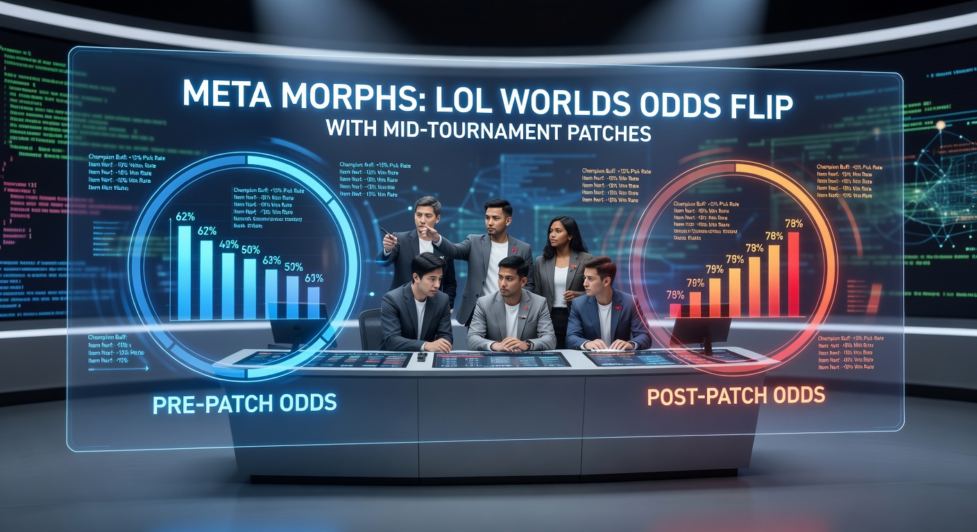 Graph showing dramatic odds fluctuations during a LoL Worlds patch announcement, with lines for top teams crossing dramatically