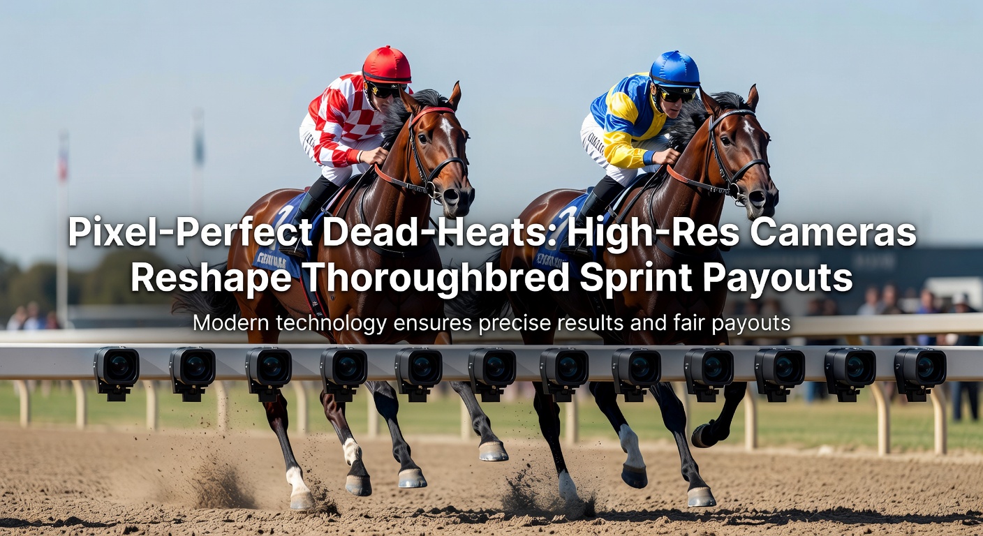 High-resolution camera capturing a photo finish in a thoroughbred sprint race, showing horses necks nearly touching at the wire