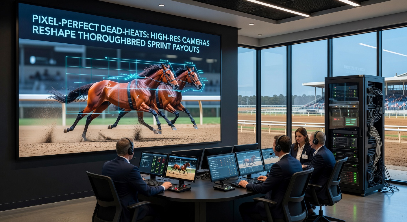 Close-up of a high-res photo-finish printout displaying two thoroughbreds in a dead-heat, with payout calculations overlaid