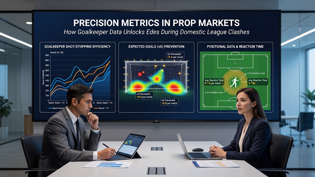 Data visualization showing goalkeeper performance metrics overlaid on a league match pitch