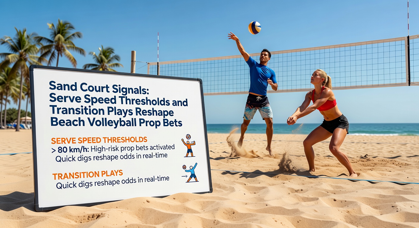 Professional beach volleyball players executing a high-speed serve on a sun-drenched sand court during a major tournament, highlighting the intensity of prop bet moments