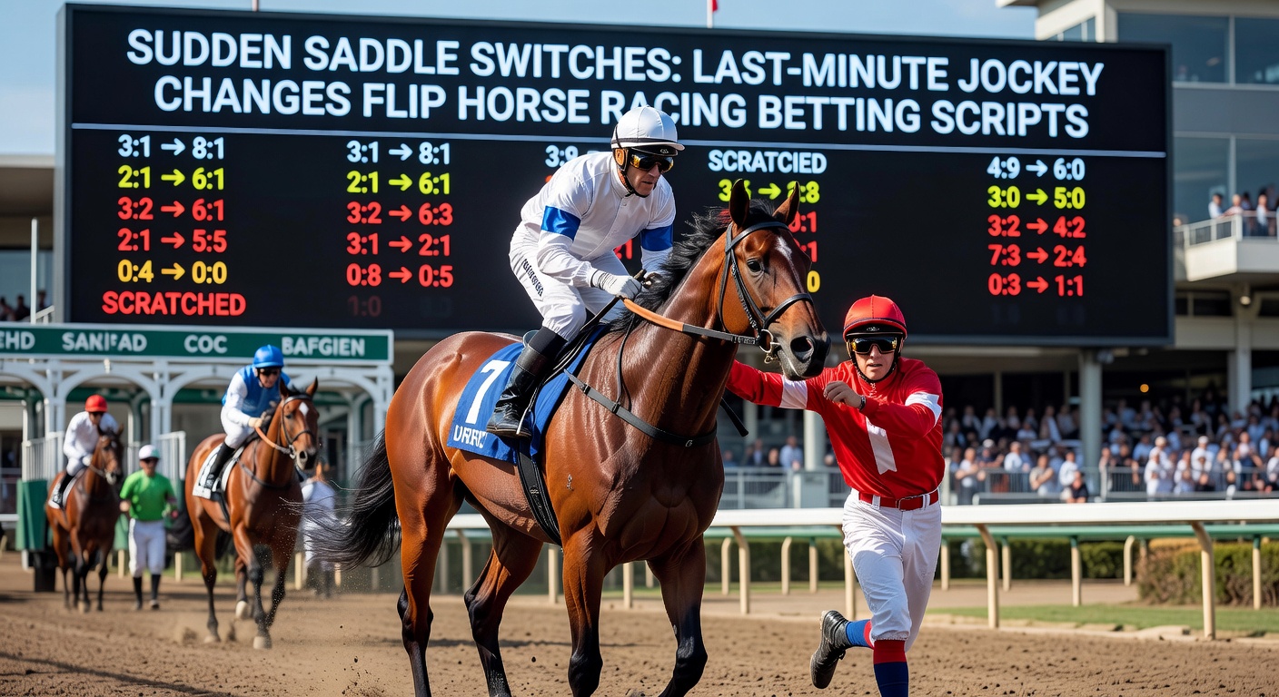 Jockeys conferring urgently in the paddock moments before post time, with odds boards flickering in the background