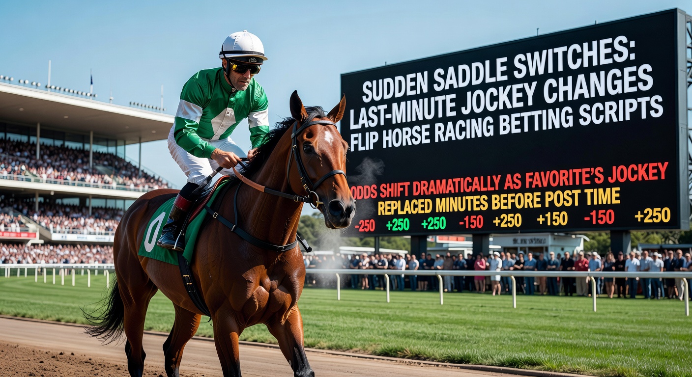 Close-up of a starting gate with a fresh jockey aboard, crowd reacting as odds shift on nearby screens