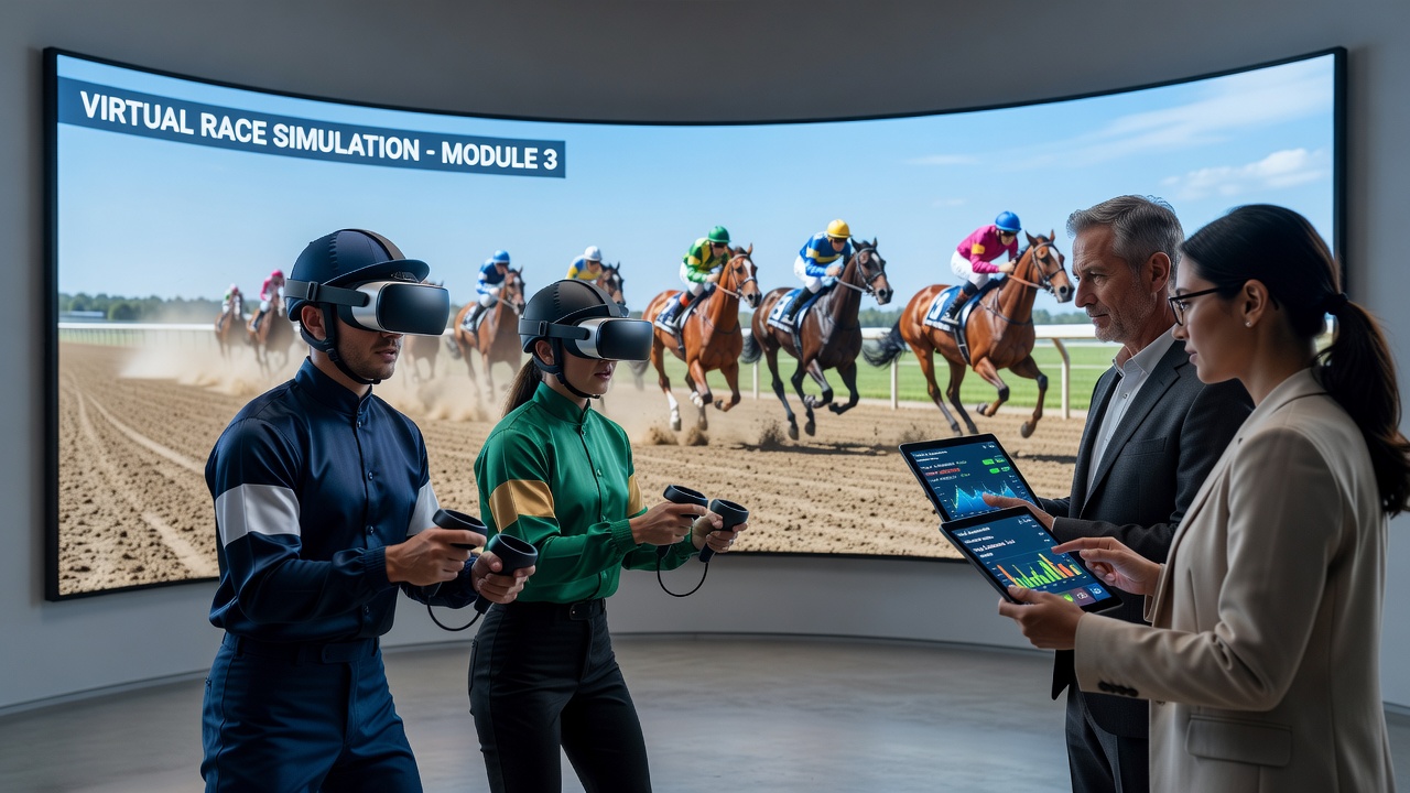 Bettor reviewing virtual reality race replay with real-time performance metrics on screen