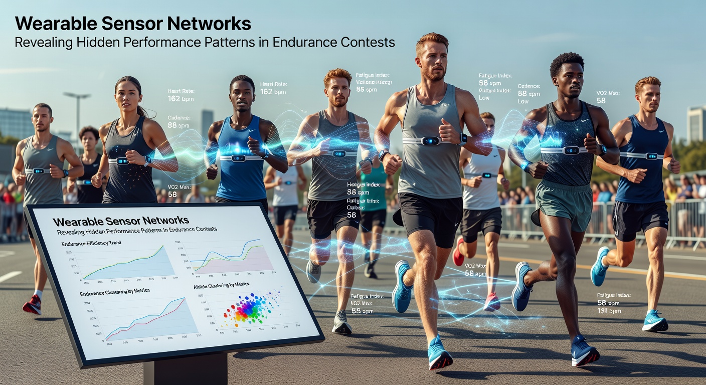 Athletes equipped with wearable sensors during an endurance race showing real-time data tracking