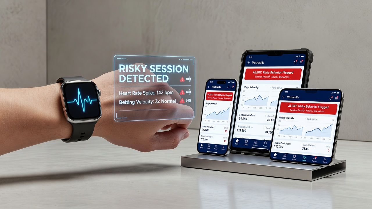 Mobile screen displaying a real-time risk alert triggered by wearable sensor data during a betting session